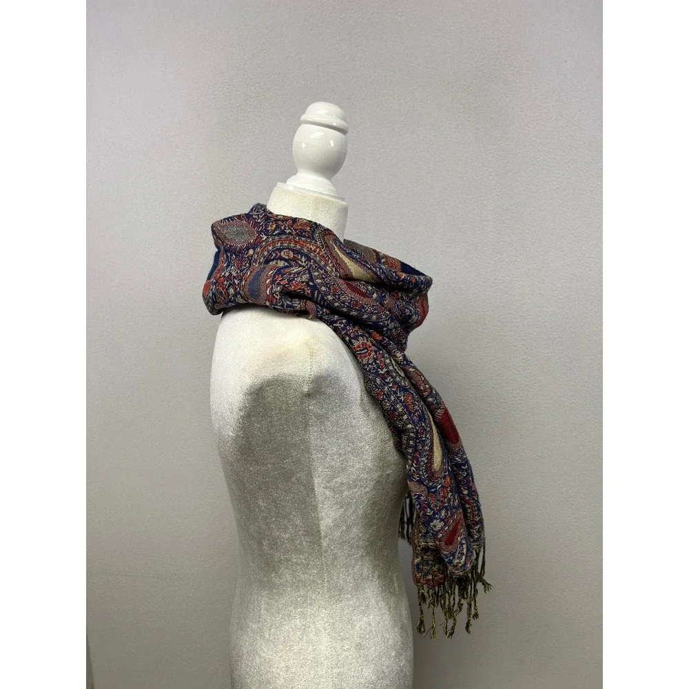 Boho Artistic Layering Womens OS Blue Red Paisley Pashmina Wrap Scarf